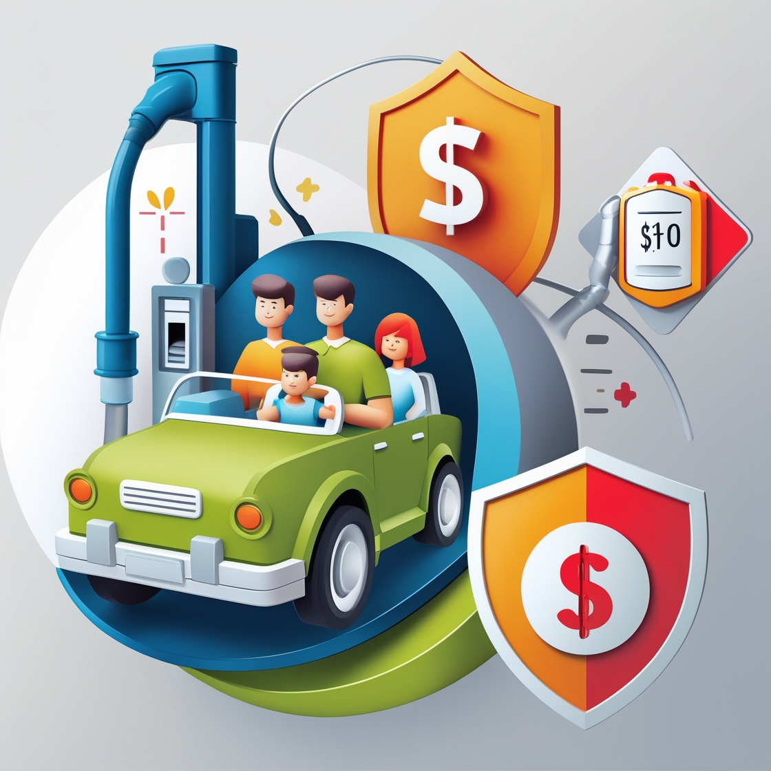Collage of family car, fuel efficiency icon, budget symbol, and safety shield, representing key factors in choosing a car Collage of family car, fuel efficiency icon, budget symbol, and safety shield, representing key factors in choosing a car
